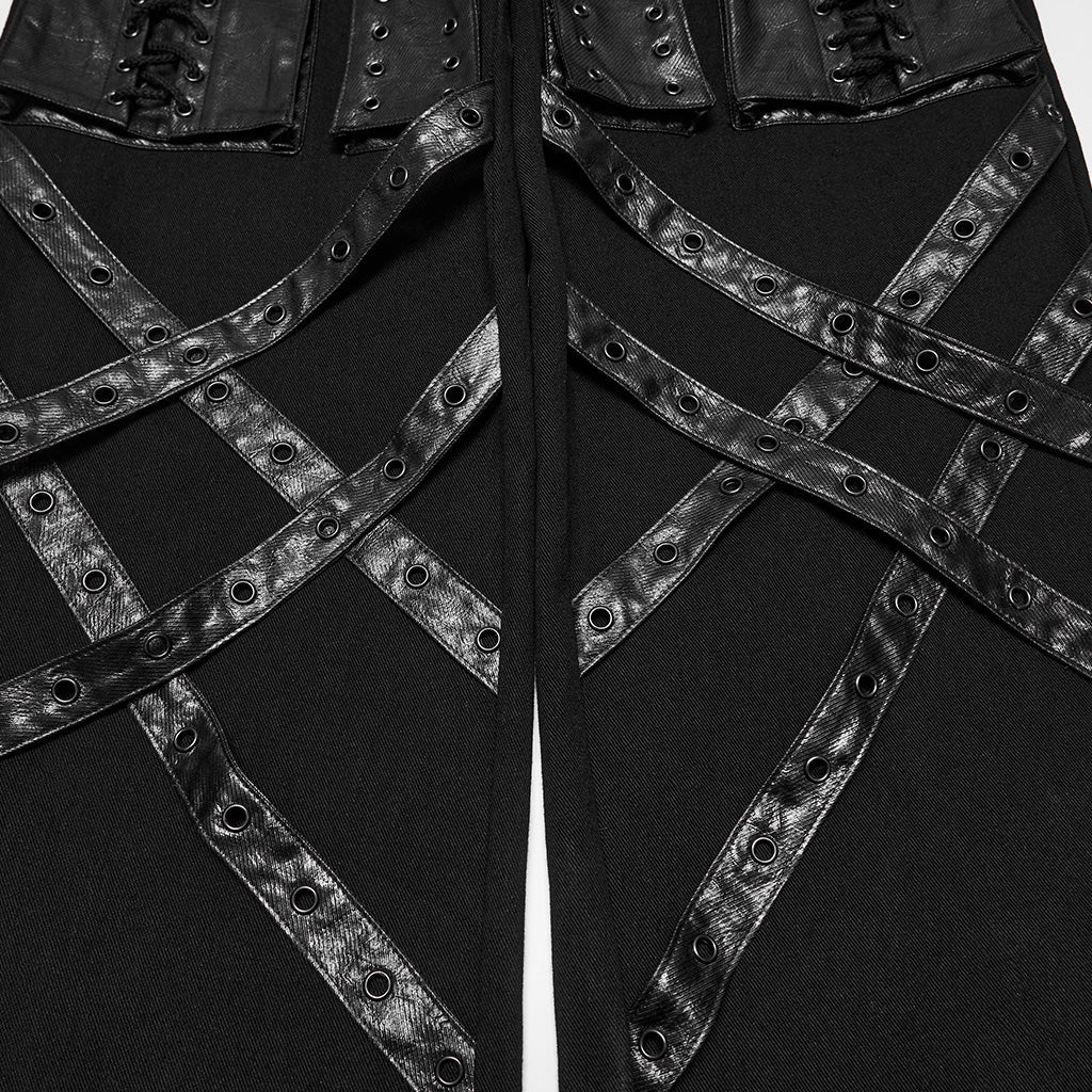 Pantalón Recto Punk Negro con Correas Cruzadas y Bolsillos Cargo - Crazyinlove