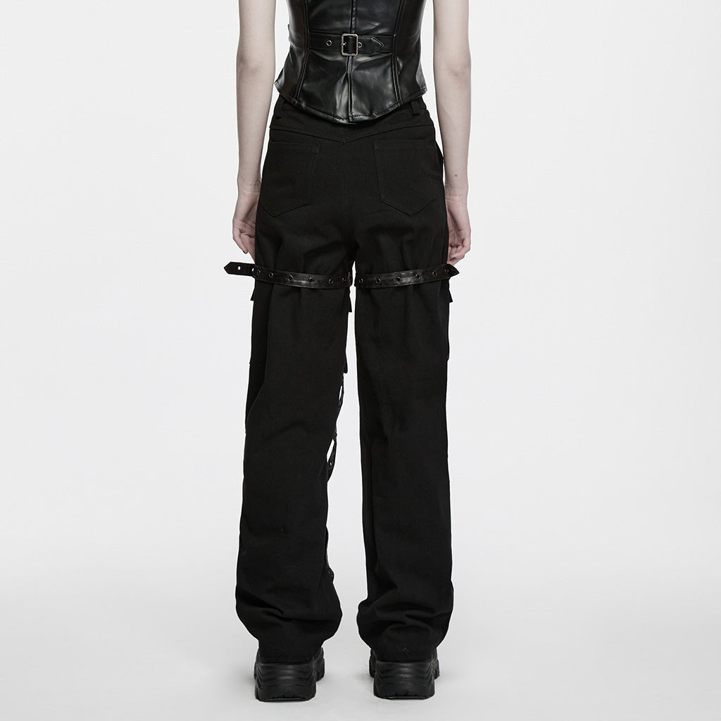 Pantalón Recto Punk Negro con Correas Cruzadas y Bolsillos Cargo - Crazyinlove