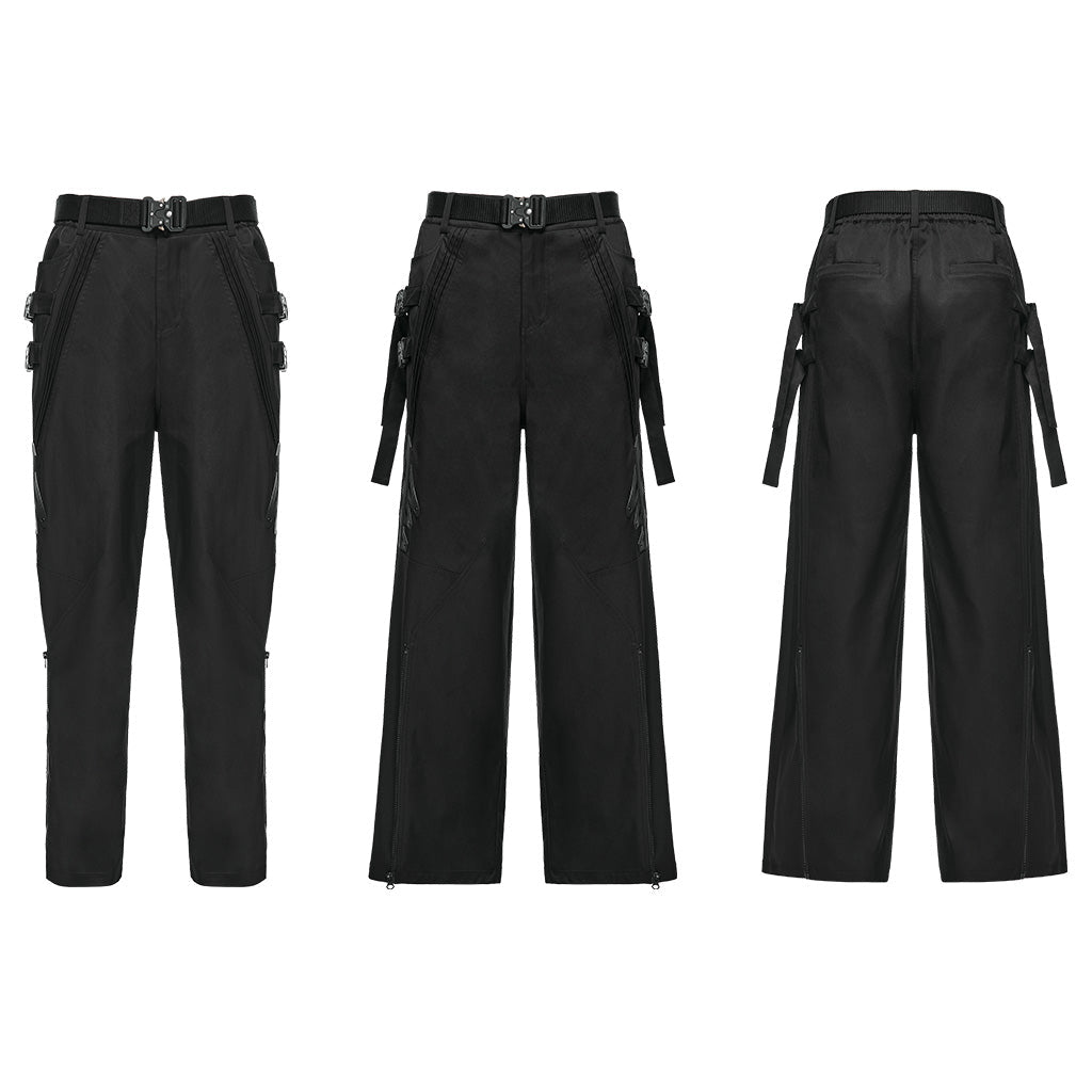 Pantalón techwear en plano: delantero, lateral y espalda