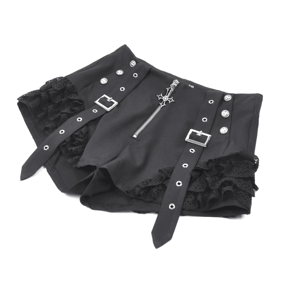 Shorts Góticos Negros con Cruz Metálica, Encaje y Correas - Crazyinlove