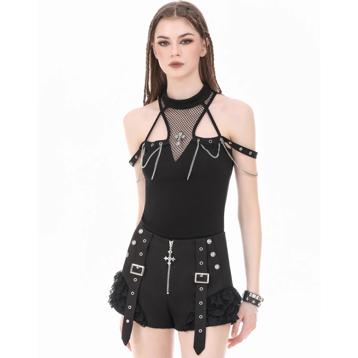Shorts Góticos Negros con Cruz Metálica, Encaje y Correas - Crazyinlove