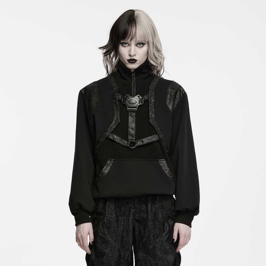 Sudadera Punk Negra de Cuello Alto con Arnés y Tiras Efecto Piel - Crazyinlove