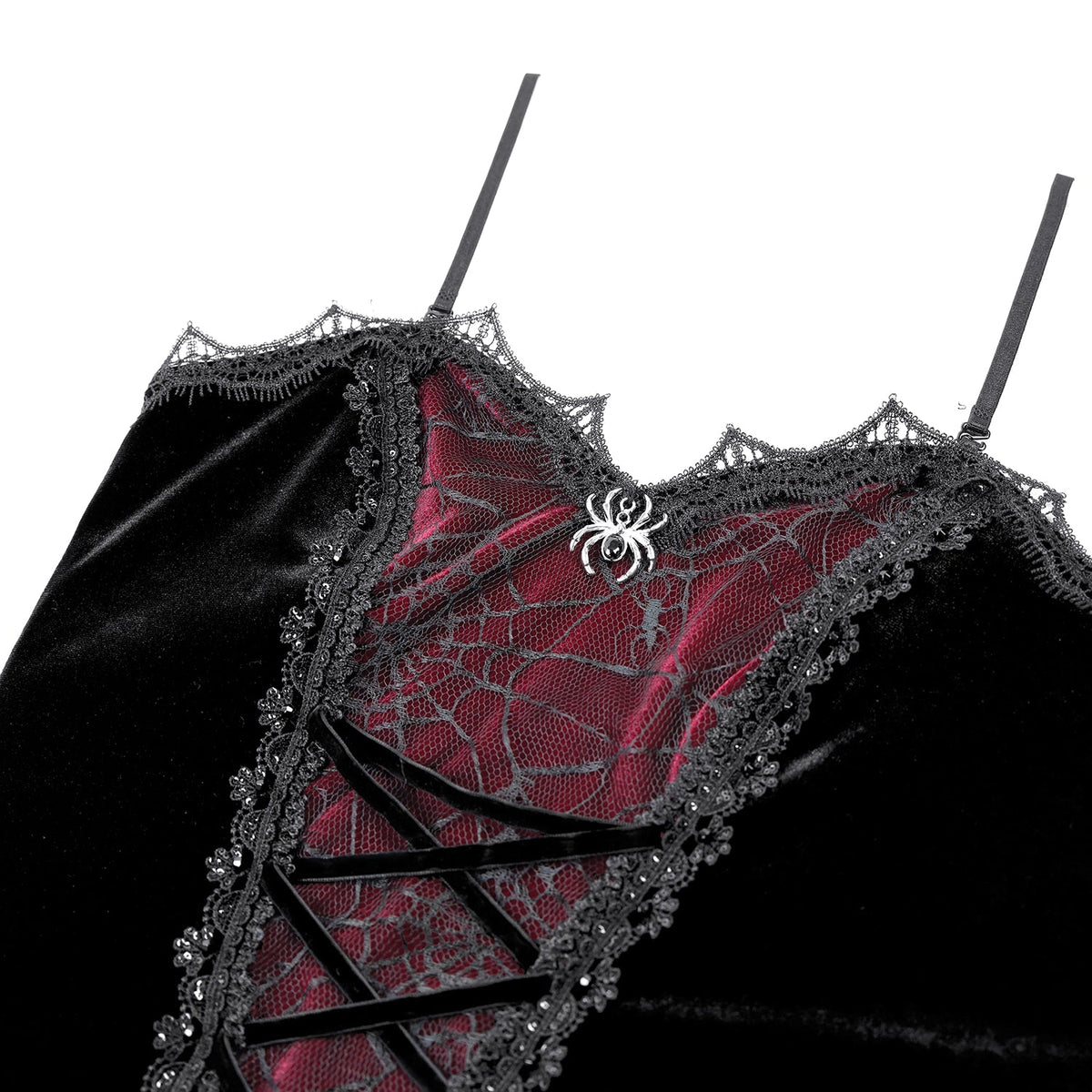 Top Corsé Gótico Negro y Burdeos con Araña CW120: detalle de la araña plateada y los cordones sobre encaje burdeos