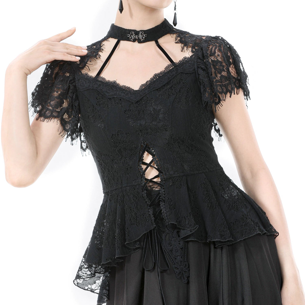 Top Gótico Con Cruzados y Encaje Floral Negro - Crazyinlove