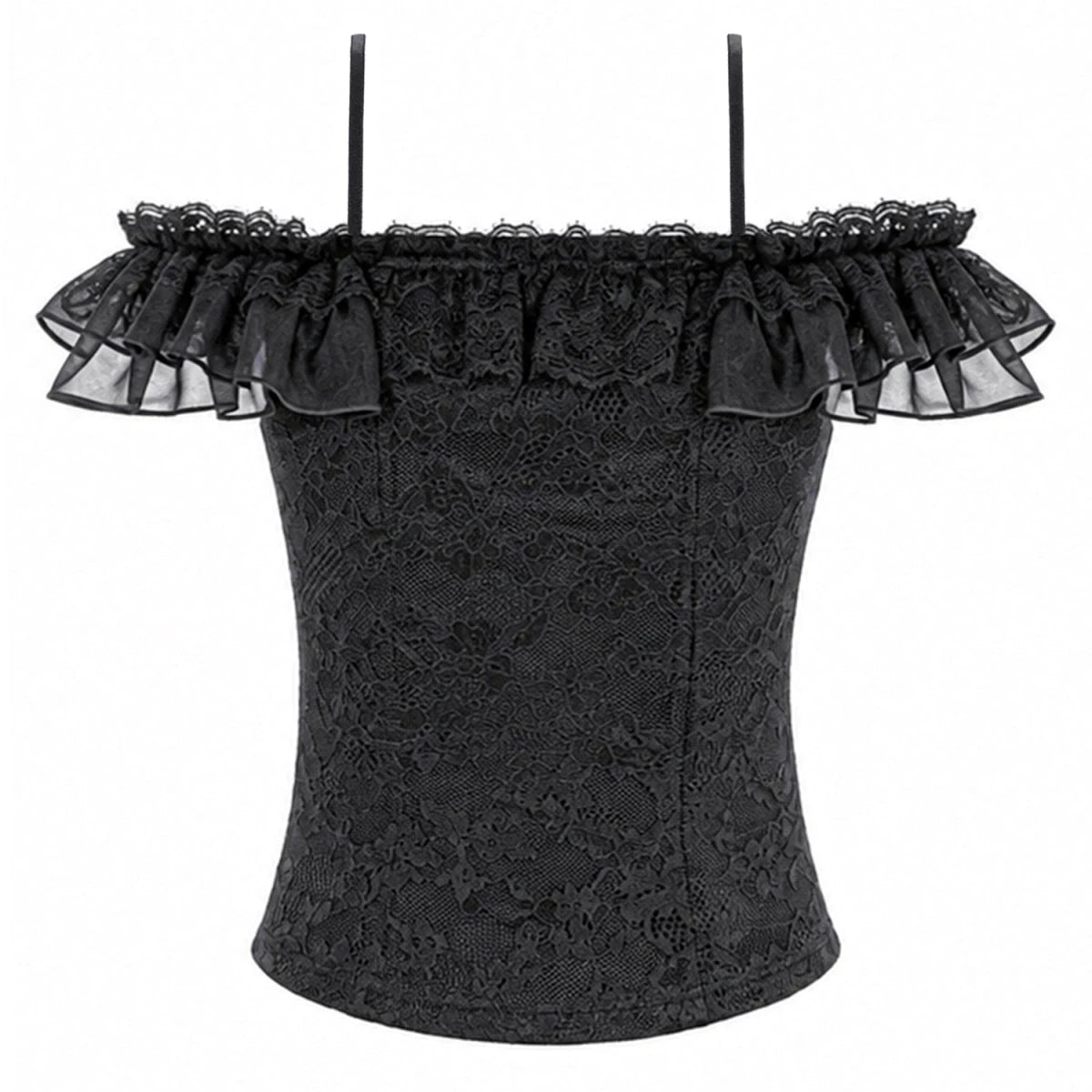 Top Gótico de Encaje Negro con Hombros Descubiertos y Volantes - Crazyinlove