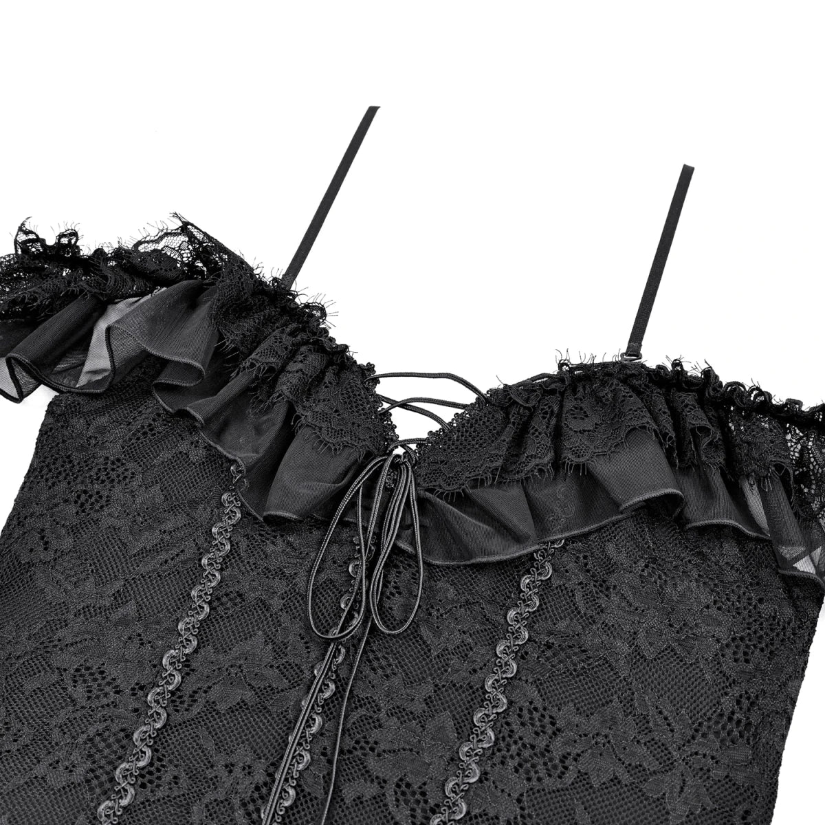 Top Gótico de Encaje Negro con Hombros Descubiertos y Volantes - Crazyinlove