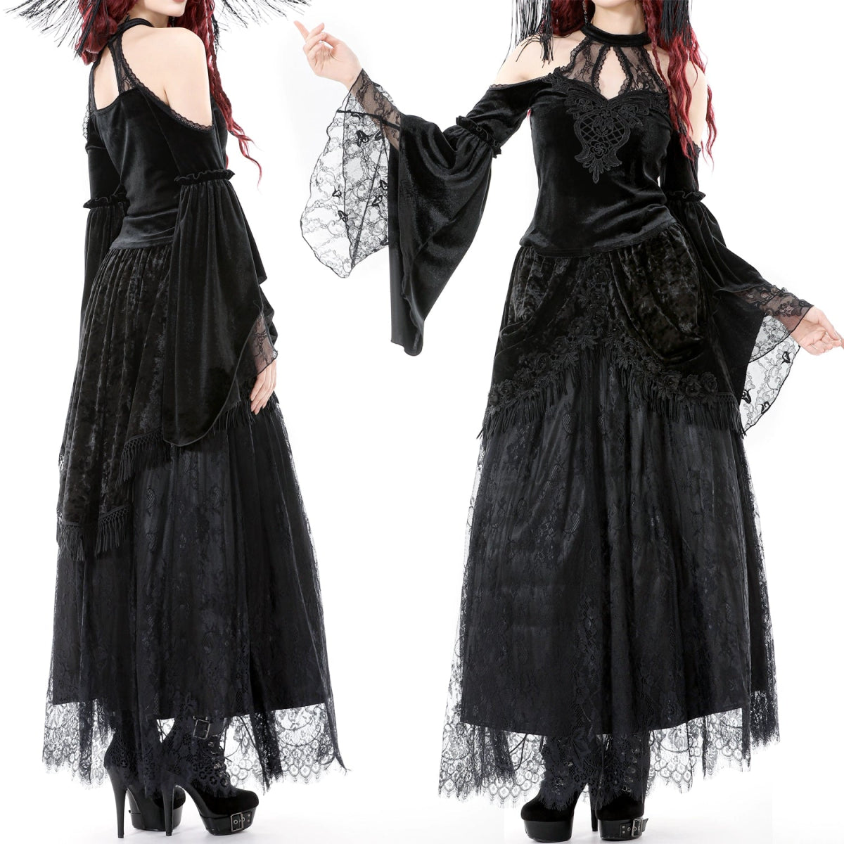 Top Gótico de Terciopelo con Encaje y Mangas Campana - Crazyinlove