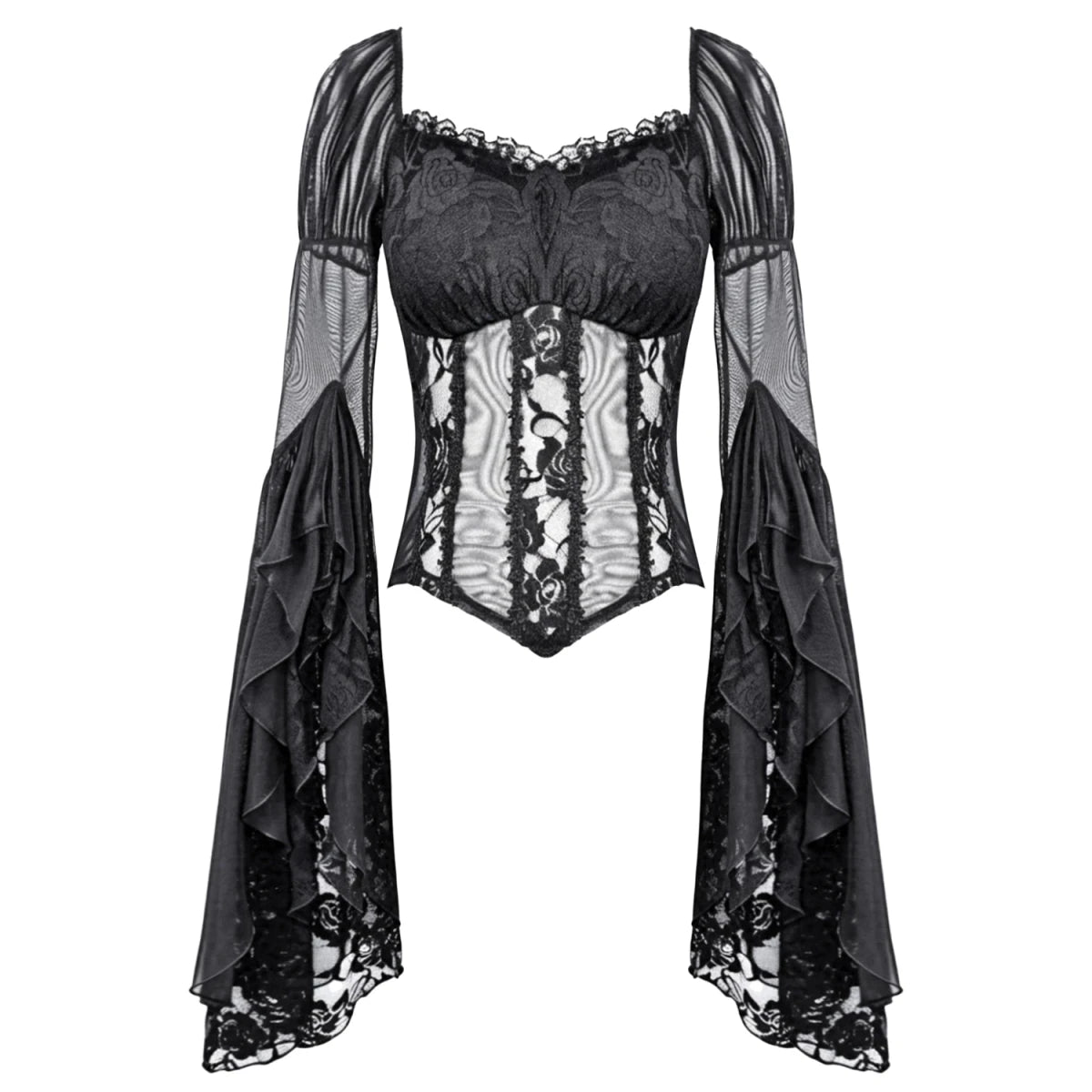 Top Gótico Victoriano de Encaje con Mangas Campana y Cintura de Tul - Crazyinlove