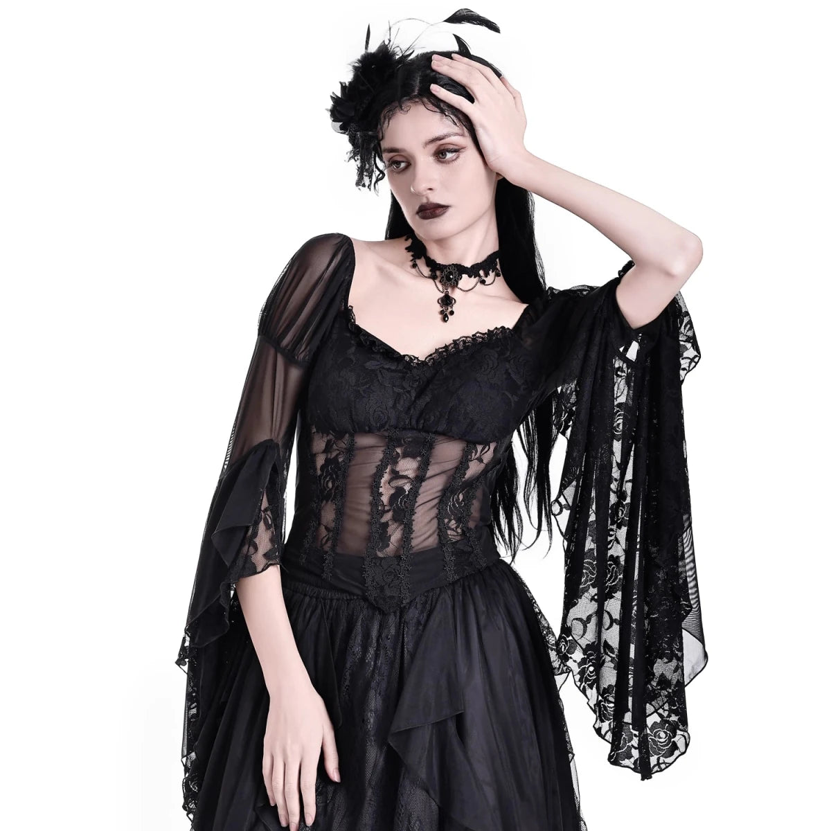 Top Gótico Victoriano de Encaje con Mangas Campana y Cintura de Tul - Crazyinlove