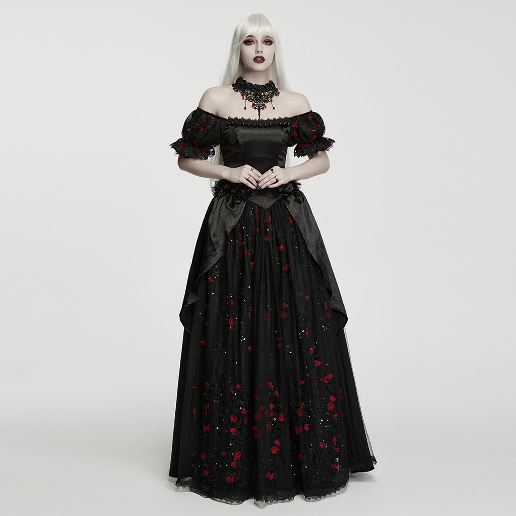 Traje de Gala Largo Negro con Flores Rojas y Mangas Abullonadas - Crazyinlove