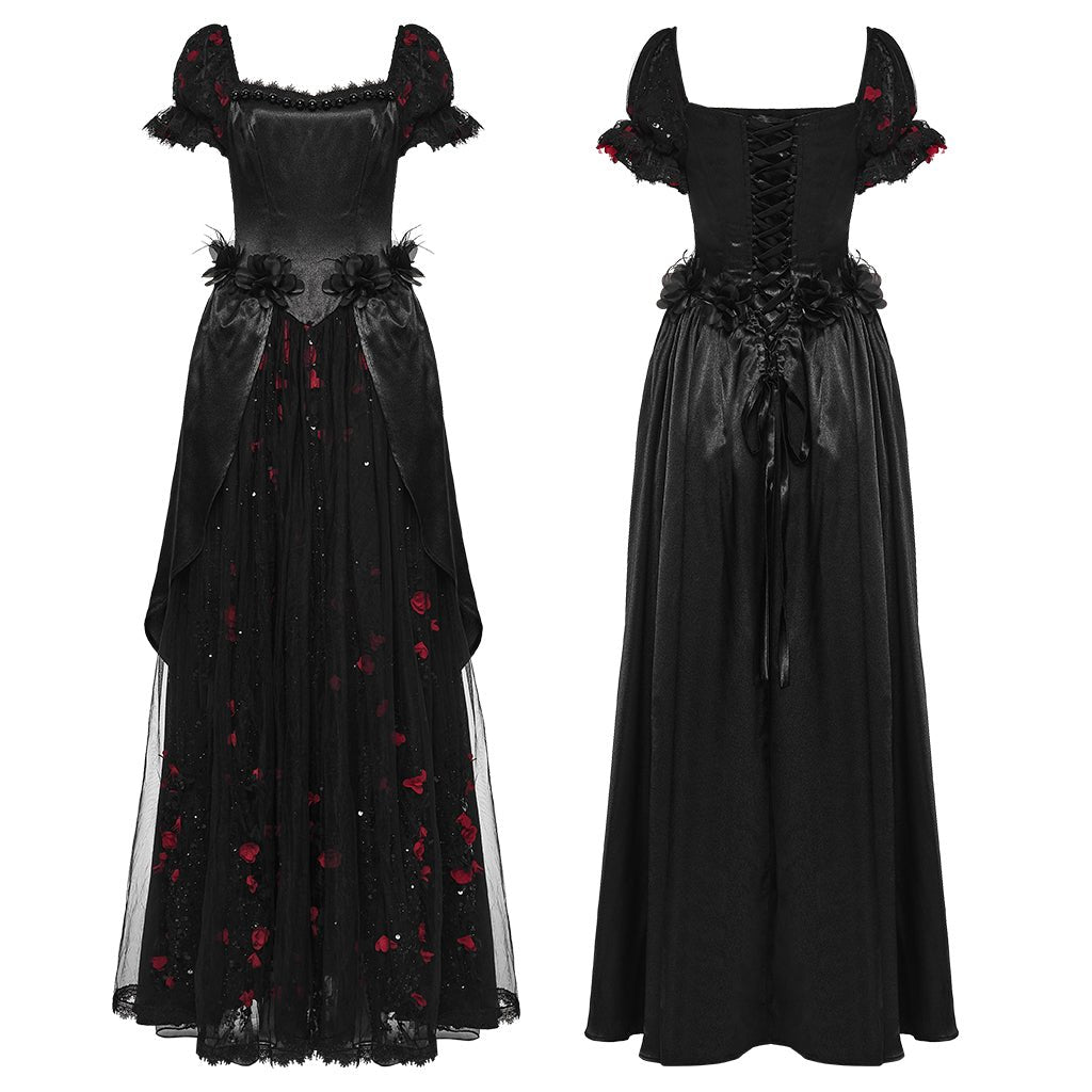 Traje de Gala Largo Negro con Flores Rojas y Mangas Abullonadas - Crazyinlove