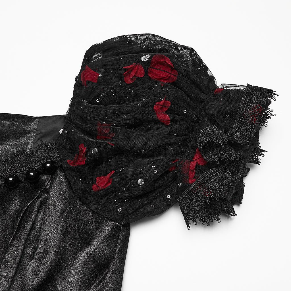 Traje de Gala Largo Negro con Flores Rojas y Mangas Abullonadas - Crazyinlove