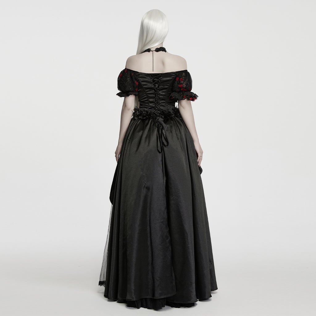 Traje de Gala Largo Negro con Flores Rojas y Mangas Abullonadas - Crazyinlove