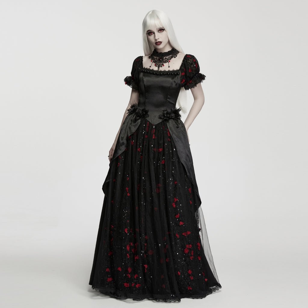 Traje de Gala Largo Negro con Flores Rojas y Mangas Abullonadas - Crazyinlove