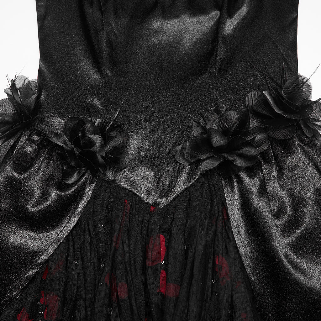 Traje de Gala Largo Negro con Flores Rojas y Mangas Abullonadas - Crazyinlove