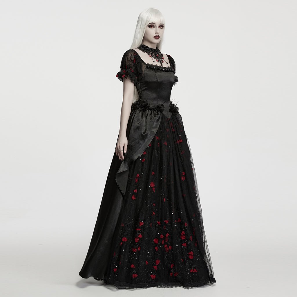 Traje de Gala Largo Negro con Flores Rojas y Mangas Abullonadas - Crazyinlove