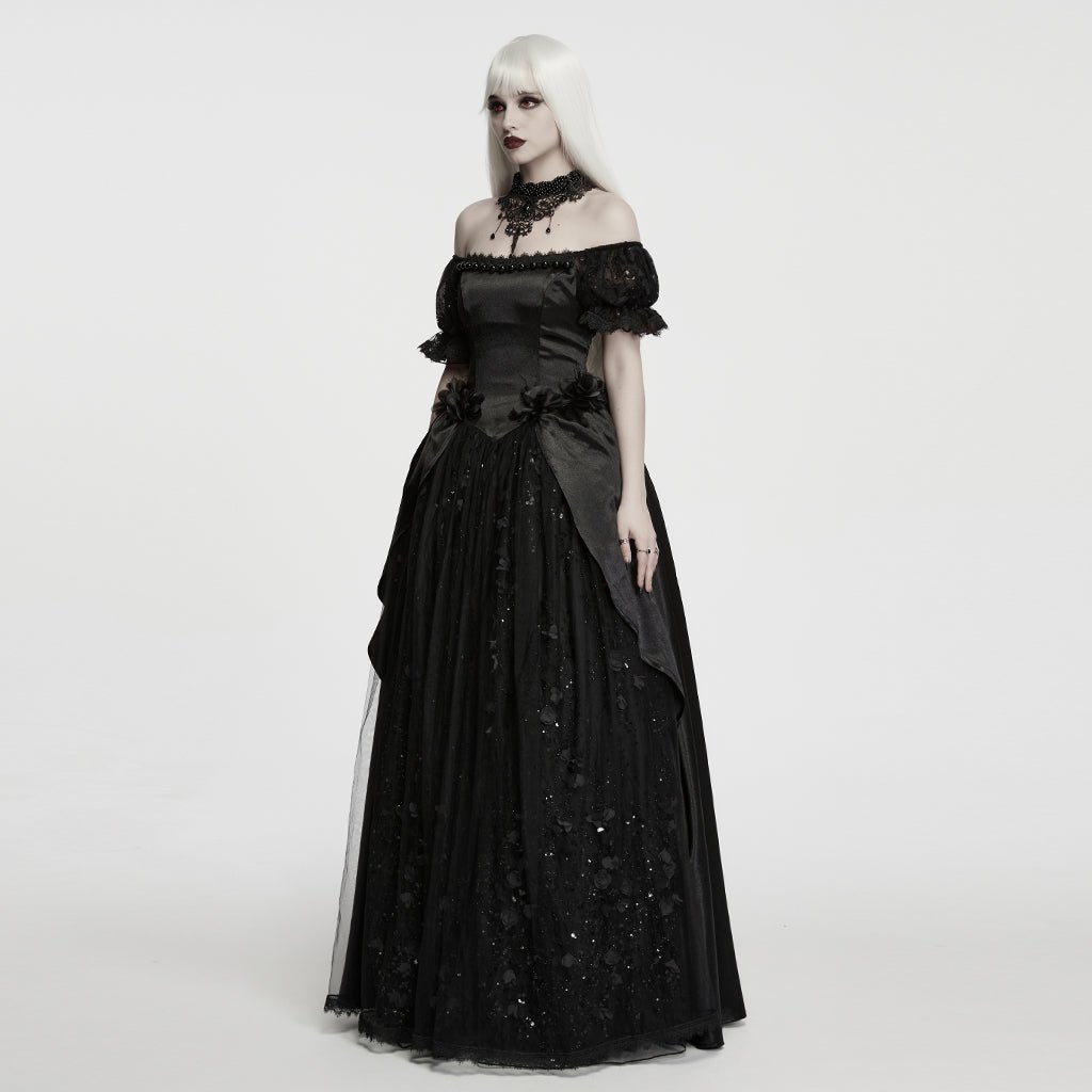 Traje de Gala Largo Negro de Satén con Flores y Tul Brillante - Crazyinlove