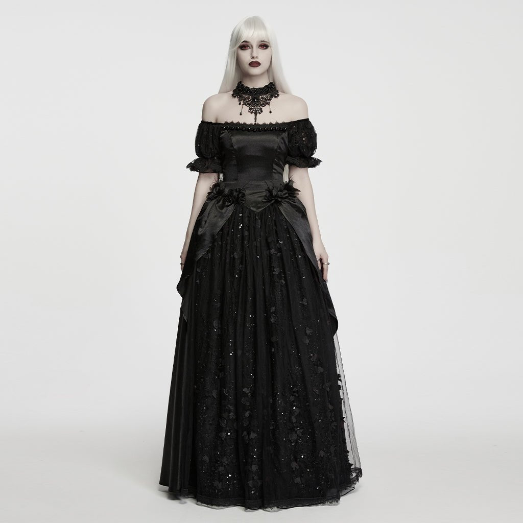 Traje de Gala Largo Negro de Satén con Flores y Tul Brillante - Crazyinlove