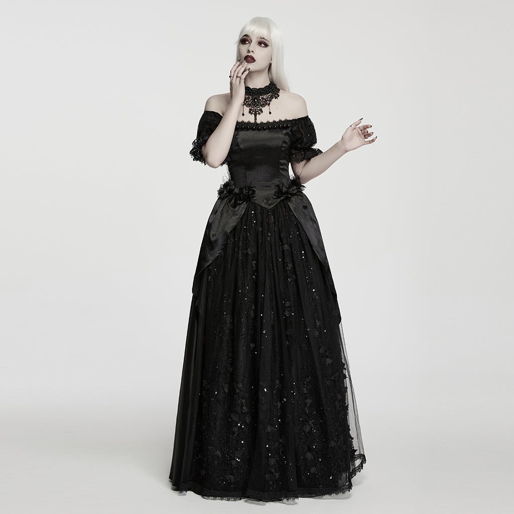 Traje de Gala Largo Negro de Satén con Flores y Tul Brillante - Crazyinlove