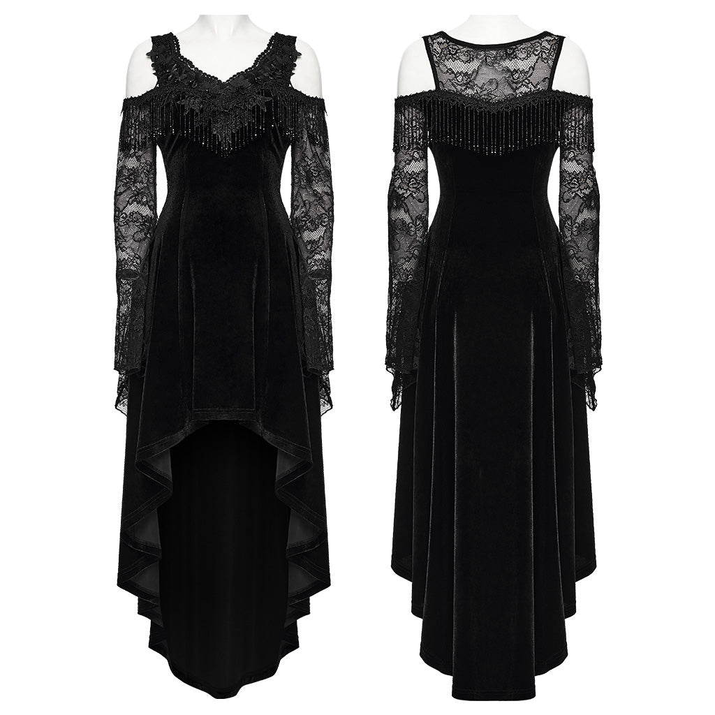 Traje de Terciopelo Negro Asimétrico con Hombros Descubiertos y Encaje - Crazyinlove