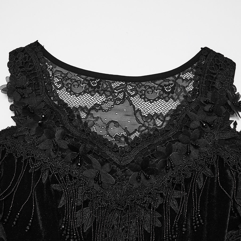 Traje de Terciopelo Negro Asimétrico con Hombros Descubiertos y Encaje - Crazyinlove