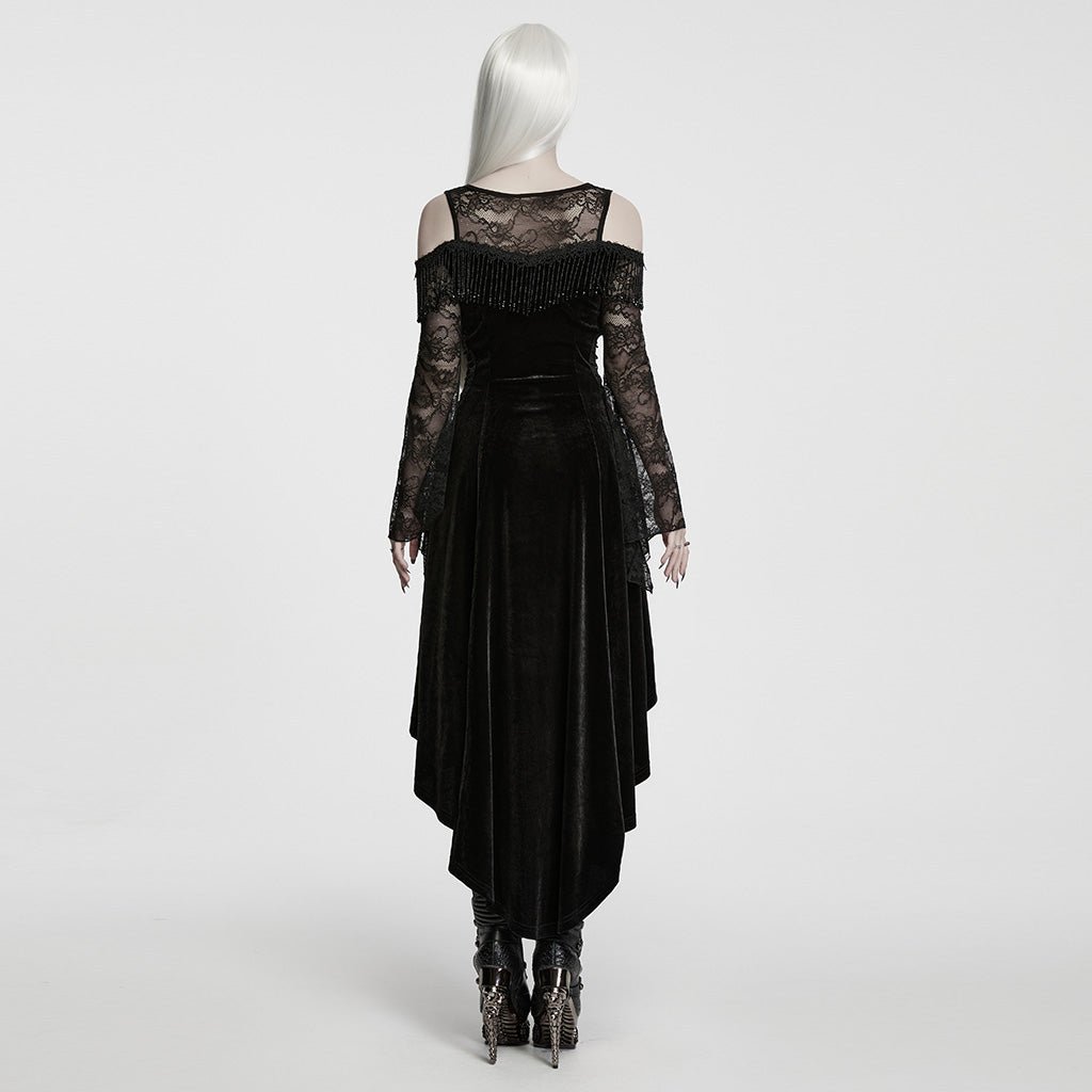 Traje de Terciopelo Negro Asimétrico con Hombros Descubiertos y Encaje - Crazyinlove
