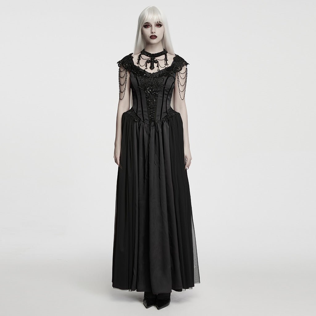 Traje Largo Victoriano Negro de Satén y Tul con Cadenas de Cuentas - Crazyinlove