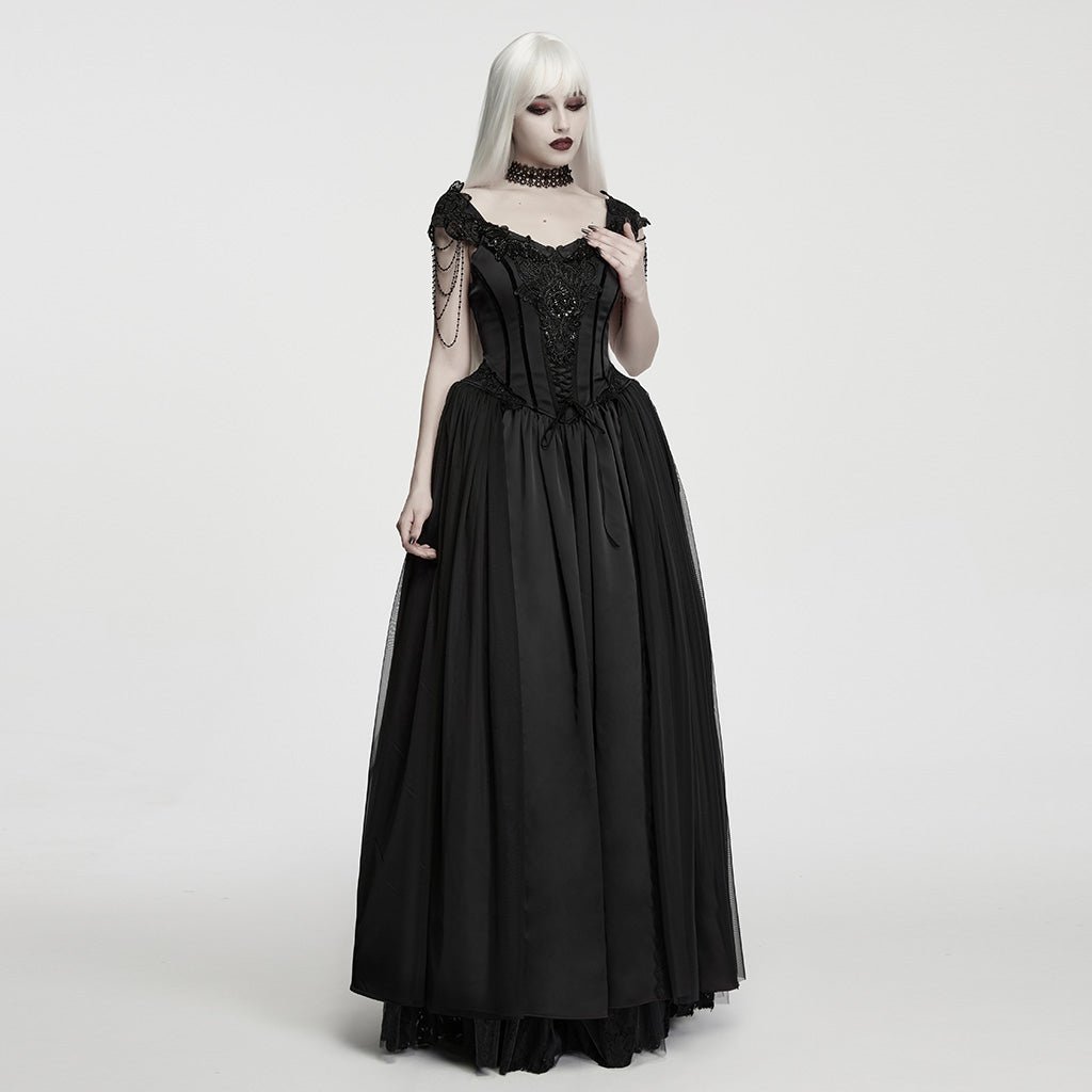 Traje Largo Victoriano Negro de Satén y Tul con Cadenas de Cuentas - Crazyinlove