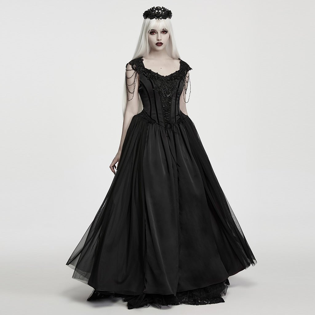 Traje Largo Victoriano Negro de Satén y Tul con Cadenas de Cuentas - Crazyinlove