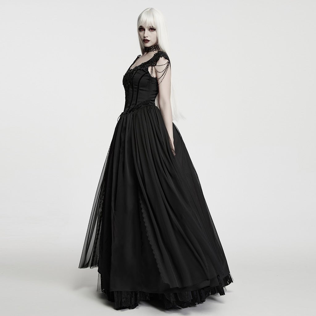 Traje Largo Victoriano Negro de Satén y Tul con Cadenas de Cuentas - Crazyinlove