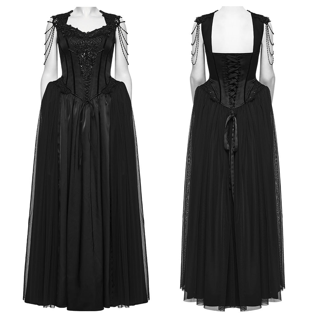 Traje Largo Victoriano Negro de Satén y Tul con Cadenas de Cuentas - Crazyinlove