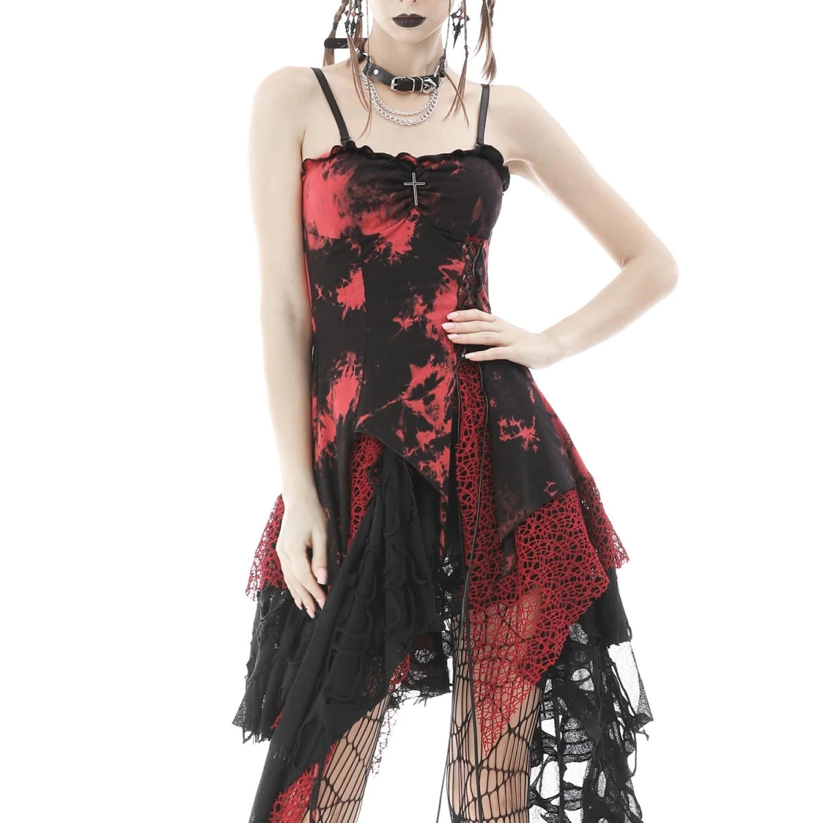 Vestido Asimétrico Tie-Dye Rojo con Red Calada - Crazyinlove