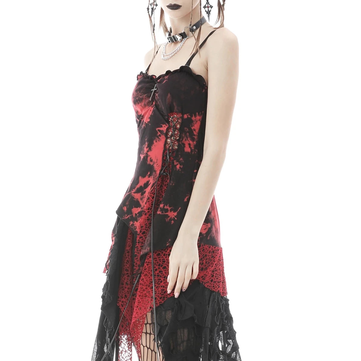Vestido Asimétrico Tie-Dye Rojo con Red Calada - Crazyinlove