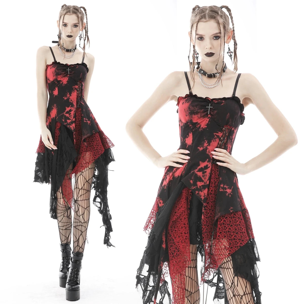 Vestido Asimétrico Tie-Dye Rojo con Red Calada - Crazyinlove