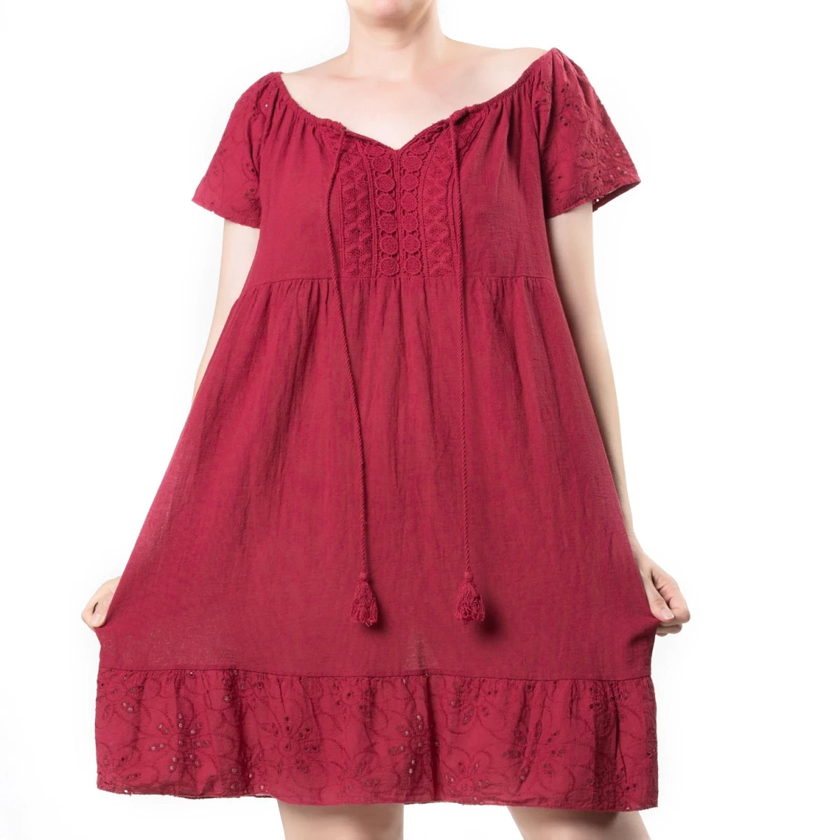 Vestido Boho Rojo de Algodón con Bordado Suizo - Crazyinlove