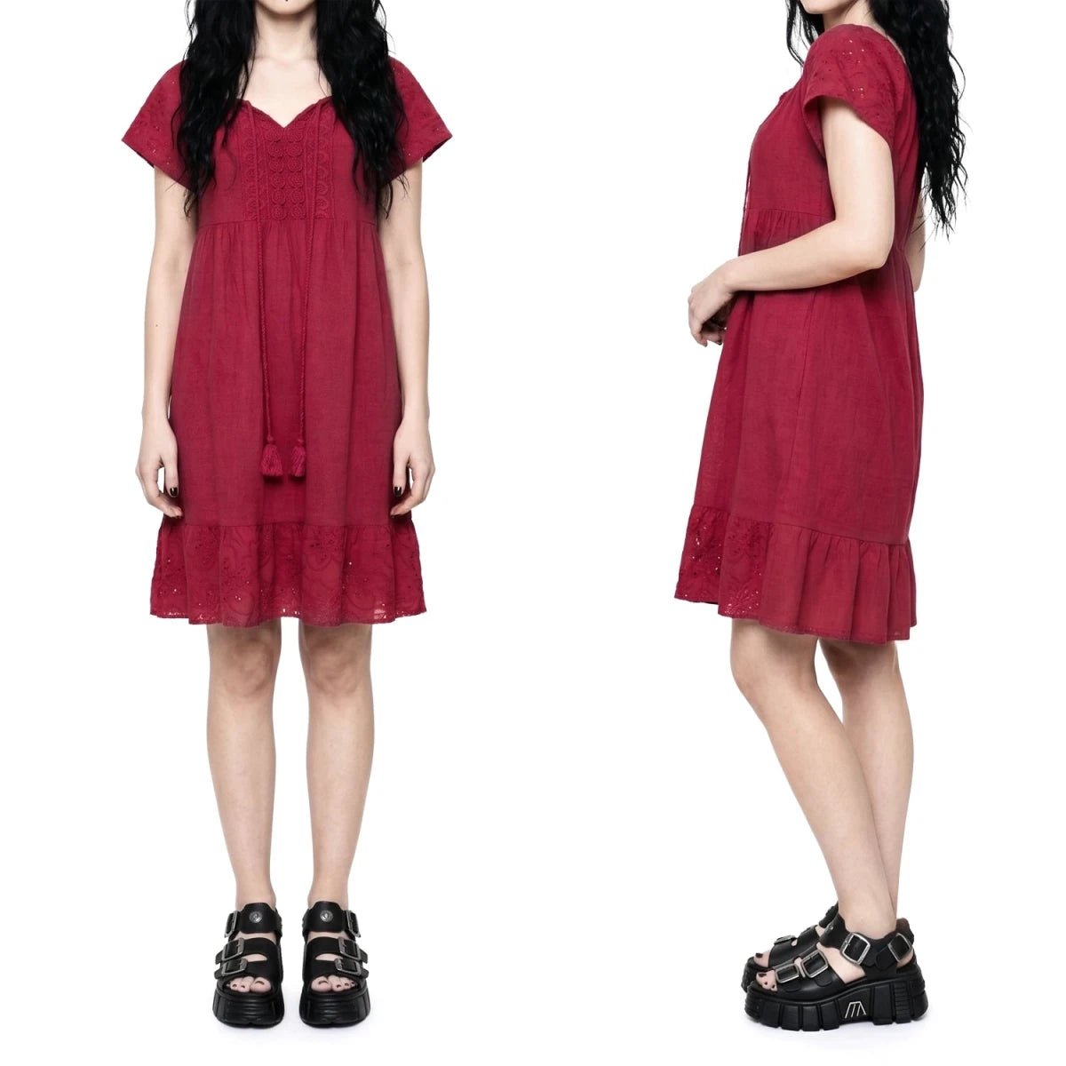 Vestido Boho Rojo de Algodón con Bordado Suizo - Crazyinlove