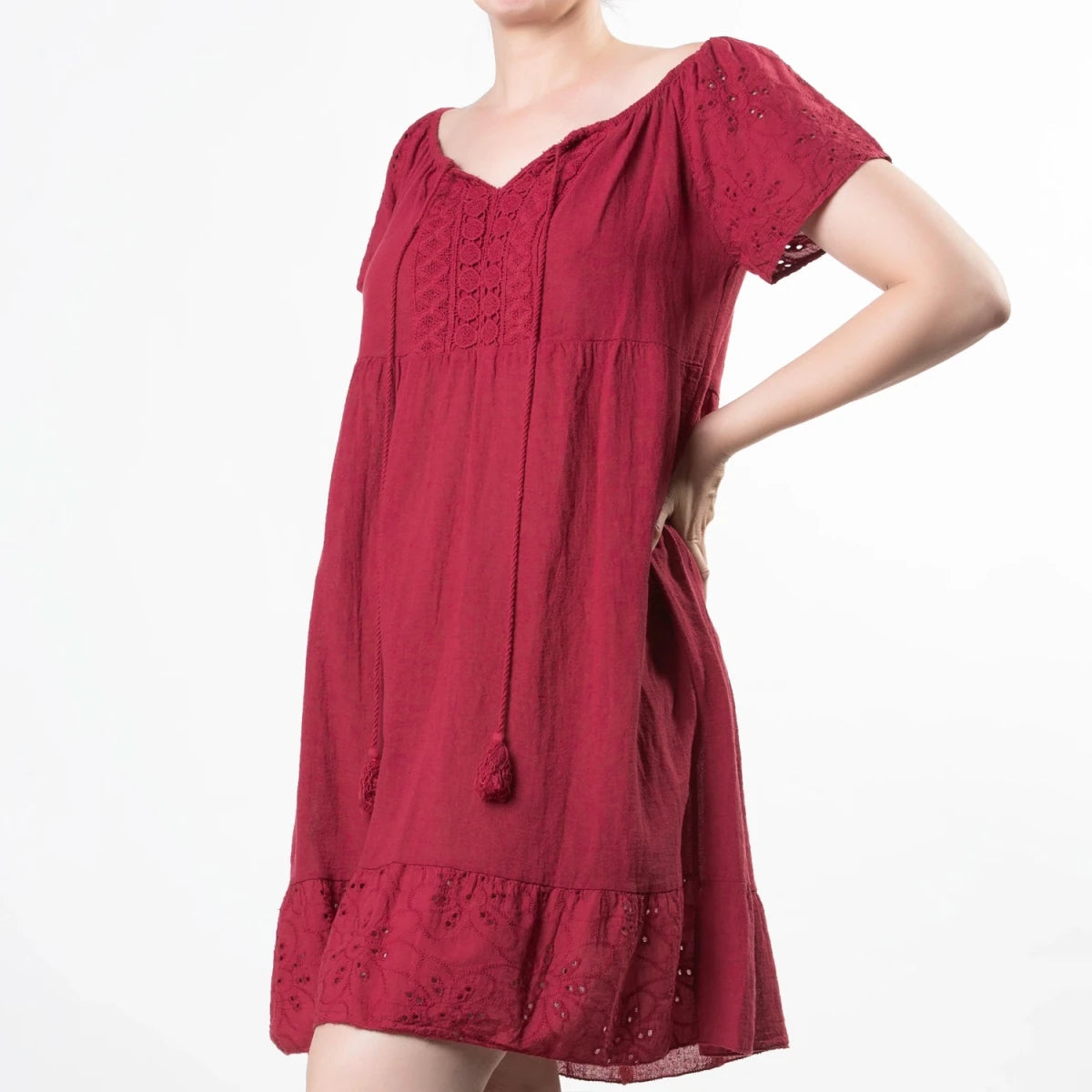 Vestido Boho Rojo de Algodón con Bordado Suizo - Crazyinlove