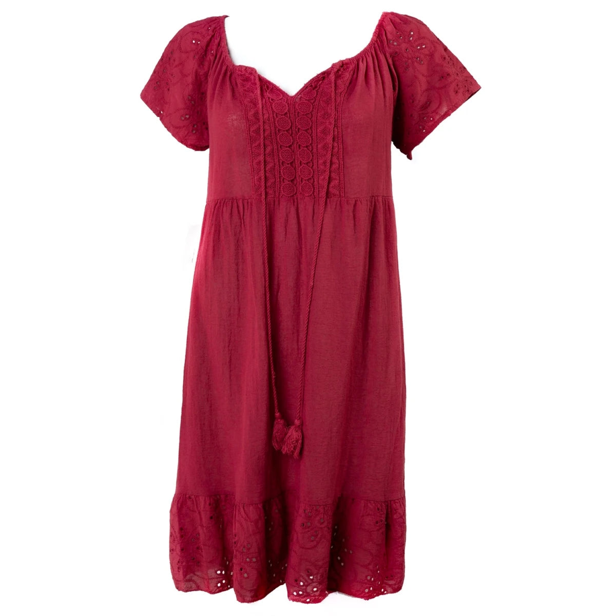 Vestido Boho Rojo de Algodón con Bordado Suizo - Crazyinlove
