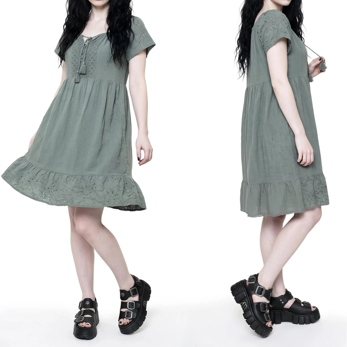 Vestido Boho Verde de Algodón con Bordado Suizo - Crazyinlove