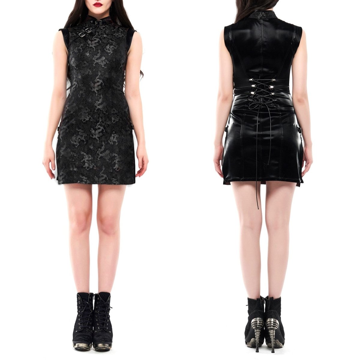 Vestido qipao negro, vista frontal y trasera con botines