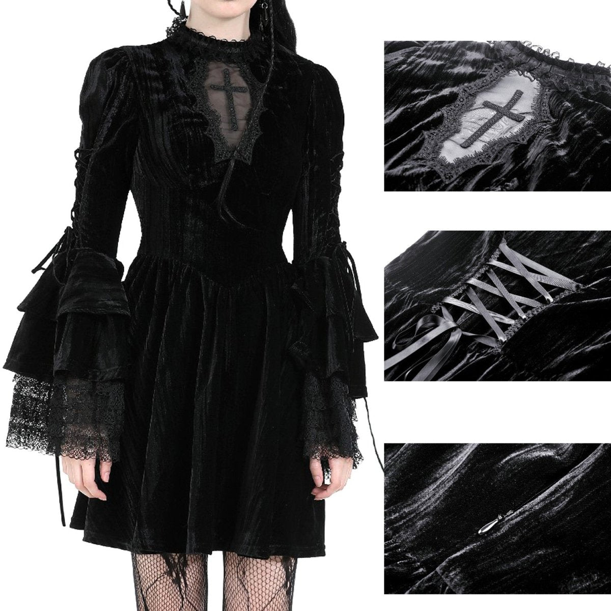 Vestido de terciopelo negro con cruz de tul - detalle de mangas