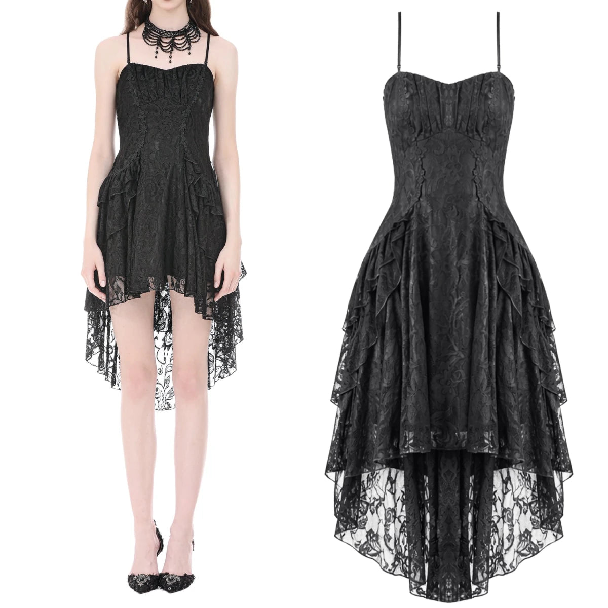 Vestido Gótico Asimétrico de Encaje con Espalda Corsé - Crazyinlove