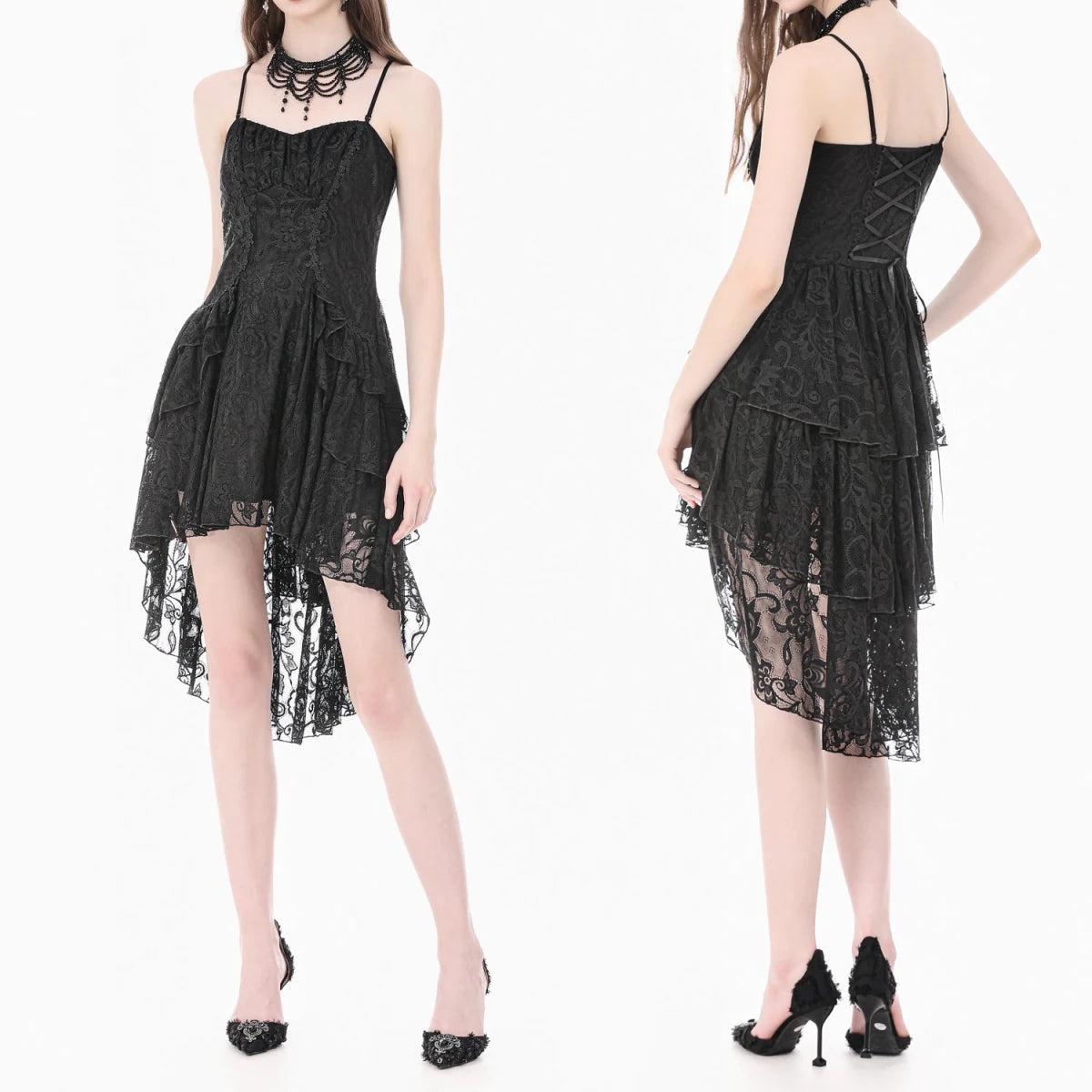Vestido Gótico Asimétrico de Encaje con Espalda Corsé - Crazyinlove
