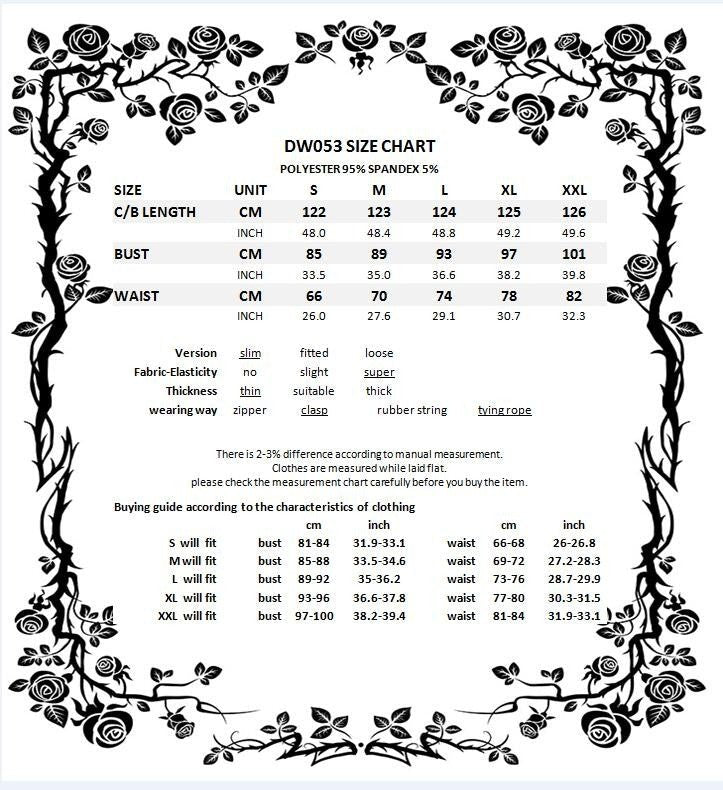 Tabla de medidas del vestido DW053 en centímetros y pulgadas por talla