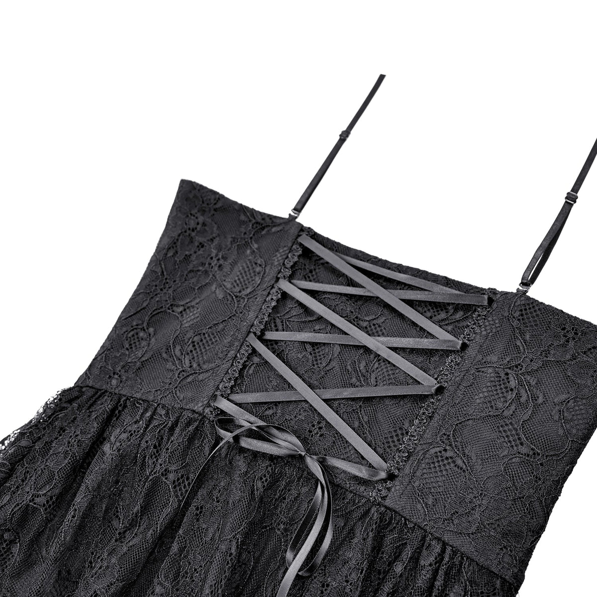 Vestido Gótico de Encaje con Bajo Asimétrico DW1215: detalle de la espalda con cordones cruzados