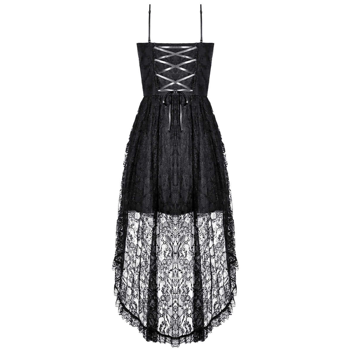 Vestido Gótico de Encaje con Bajo Asimétrico DW1215, espalda sobre fondo blanco