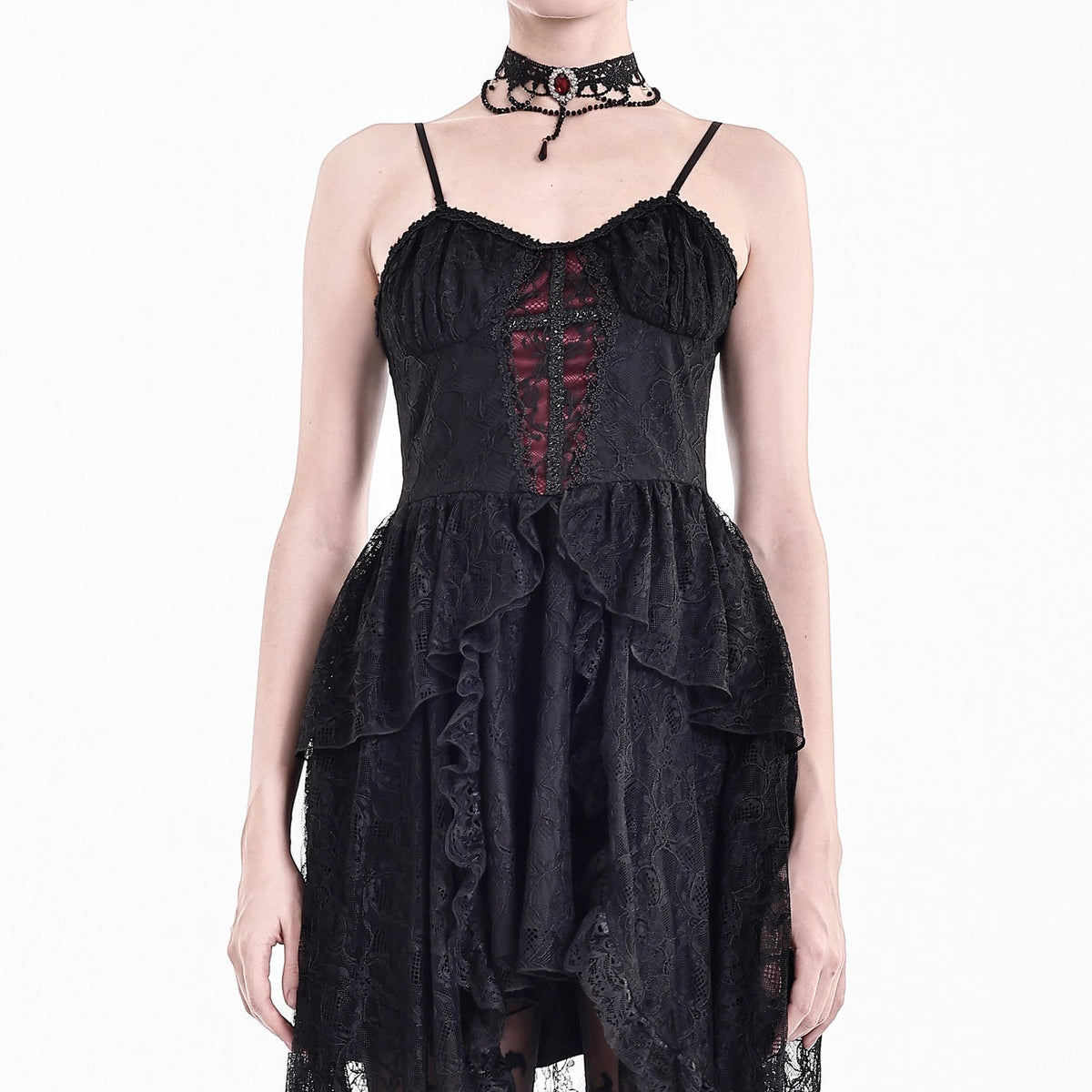 Vestido Gótico de Encaje con Bajo Asimétrico DW1215 de frente en modelo, sin cabeza