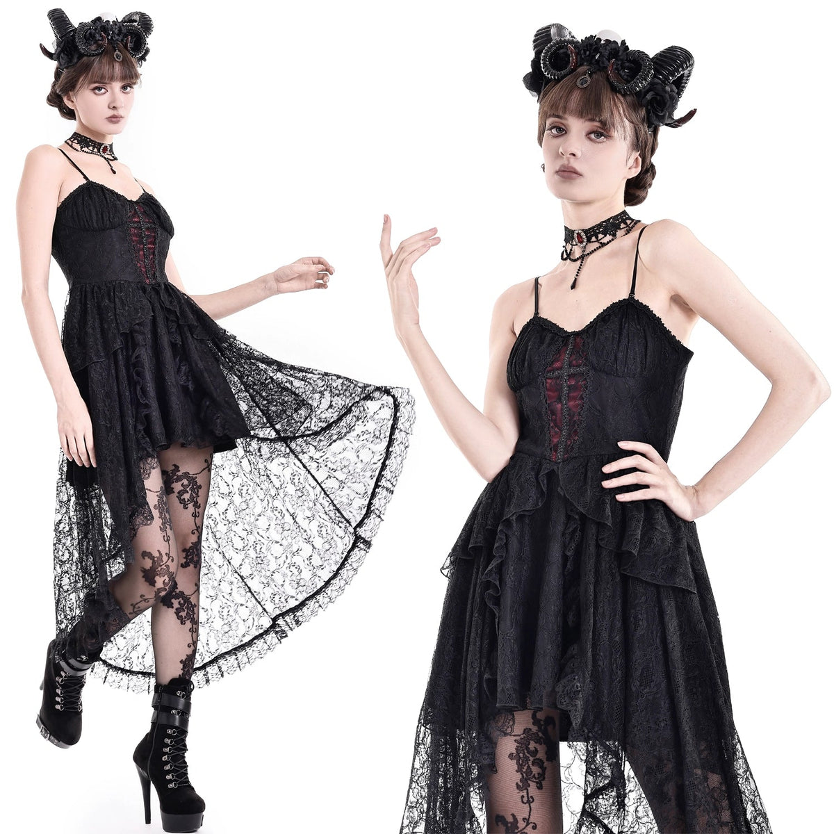 Vestido Gótico de Encaje con Bajo Asimétrico DW1215: modelo de cuerpo entero y en medio plano, dos poses