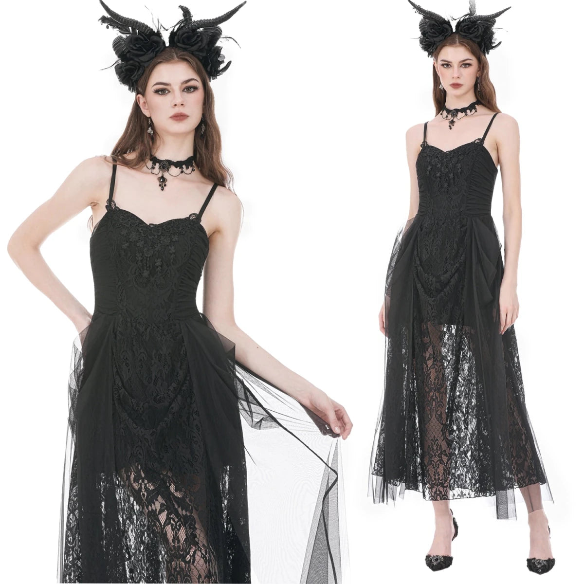 Vestido Gótico Largo de Encaje Barroco y Tul - Crazyinlove