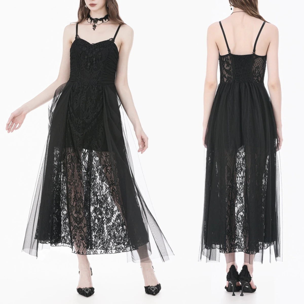 Vestido Gótico Largo de Encaje Barroco y Tul - Crazyinlove